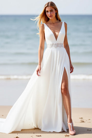 White A Line Applique Beach Wedding Dress with Slit